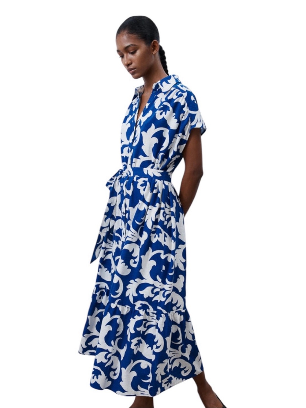 H&M Blue White Floral Maxi Shirt Dress Resortwear Hawaiian Tropical XXL Summer